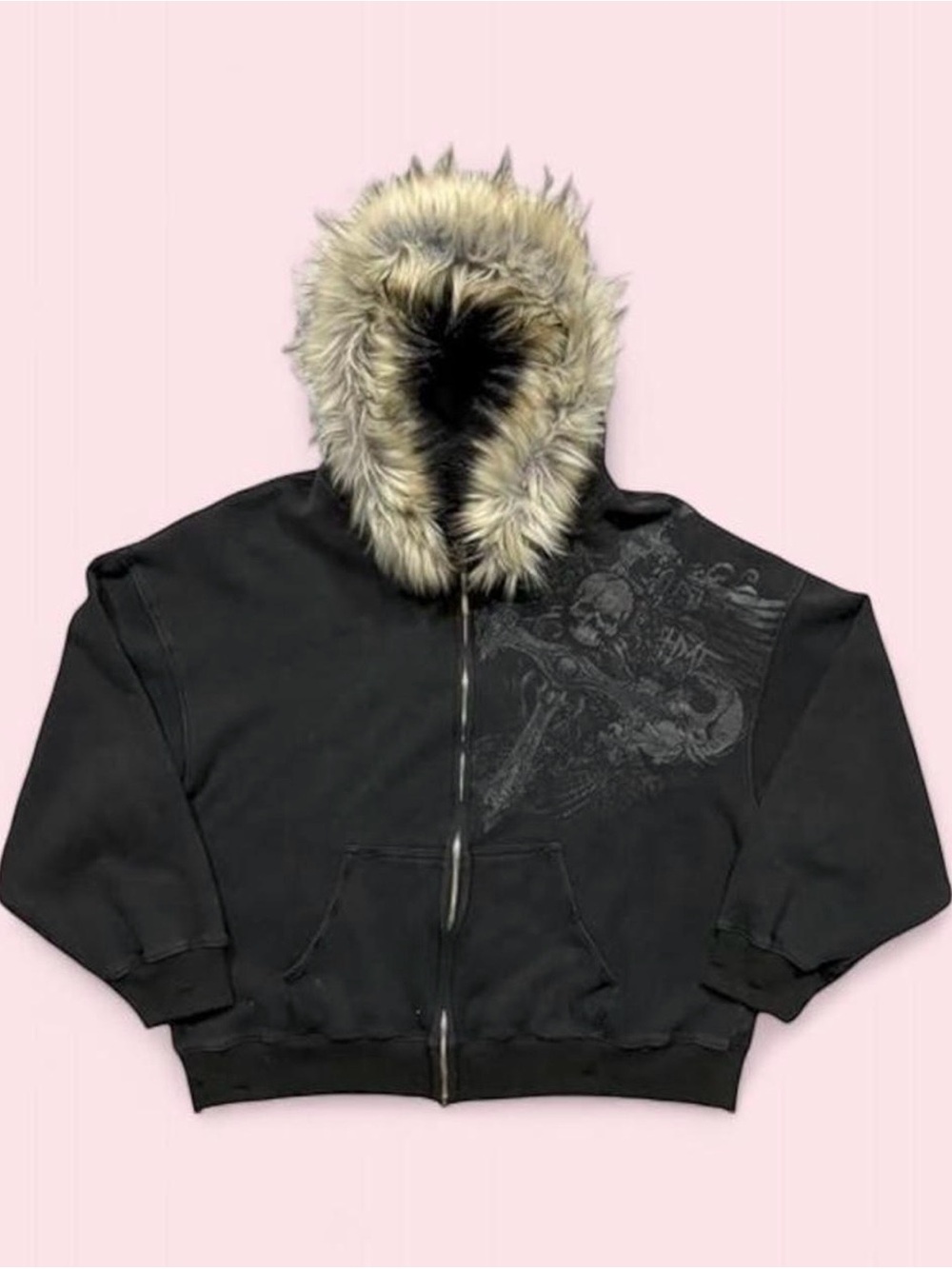 Y2K was Black Faux-Fur Hood Zip-Up Jacket